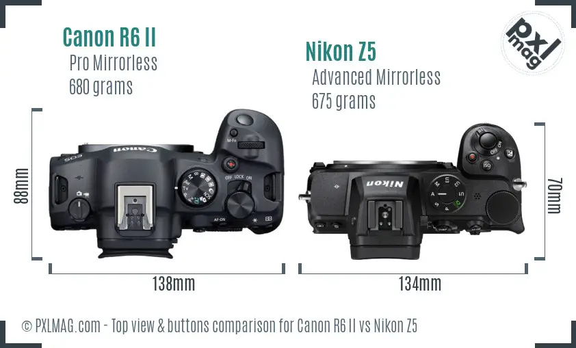 Canon R6 II vs Nikon Z5 top view buttons comparison