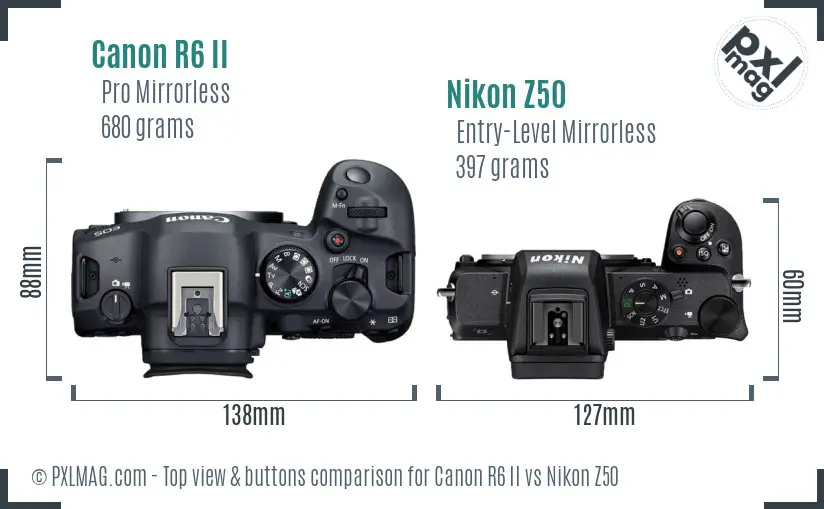 Canon R6 II vs Nikon Z50 top view buttons comparison