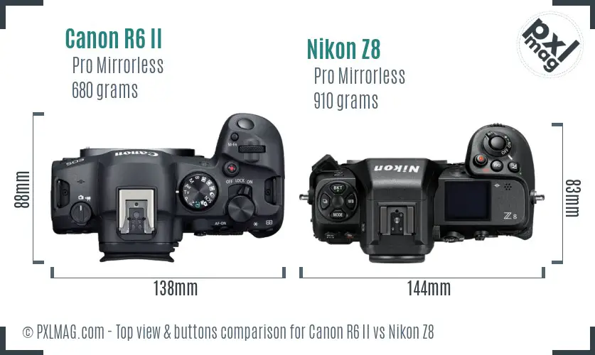 Canon R6 II vs Nikon Z8 top view buttons comparison