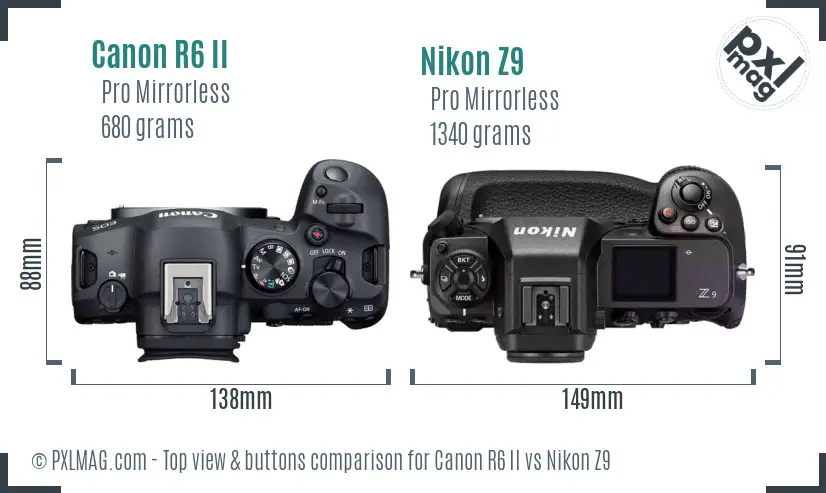 Canon R6 II vs Nikon Z9 top view buttons comparison