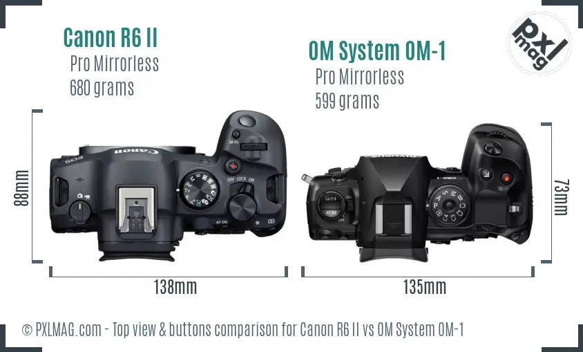 Canon R6 II vs OM System OM-1 top view buttons comparison Canon R6 II vs OM System OM-1 top view buttons comparison