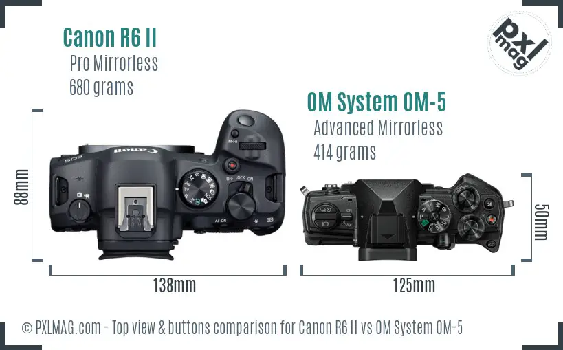 Canon R6 II vs OM System OM-5 top view buttons comparison