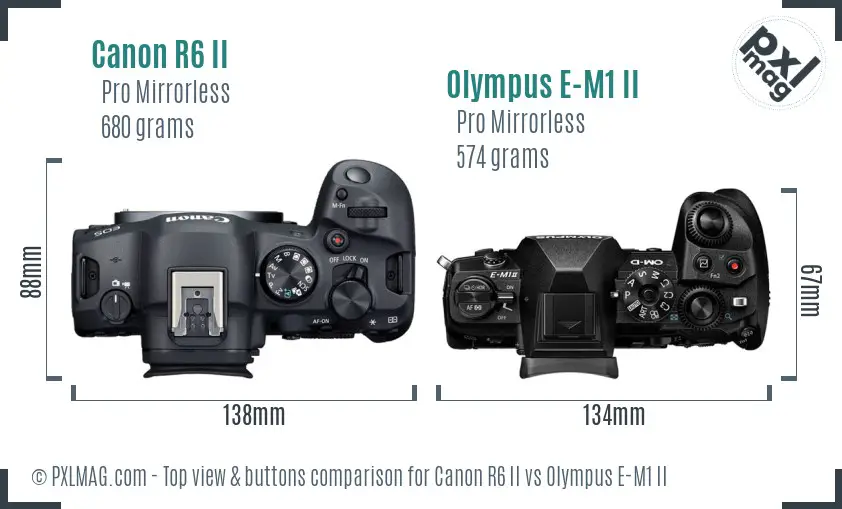 Canon R6 II vs Olympus E-M1 II top view buttons comparison Canon R6 II vs Olympus E-M1 II top view buttons comparison