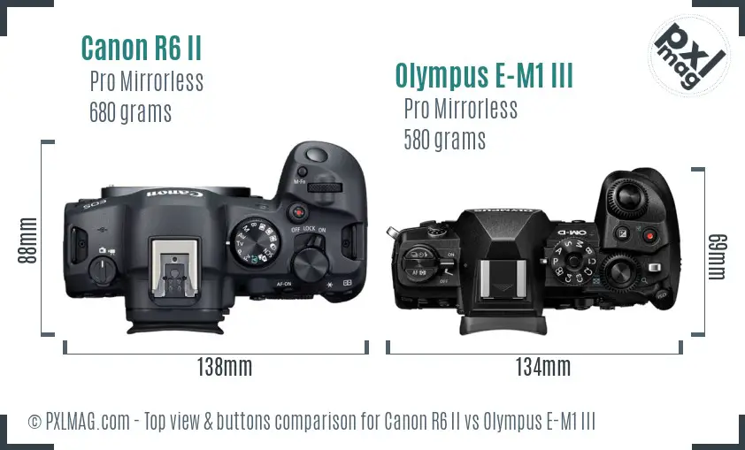 Canon R6 II vs Olympus E-M1 III top view buttons comparison