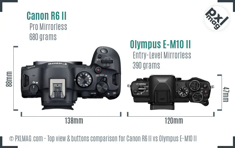 Canon R6 II vs Olympus E-M10 II top view buttons comparison