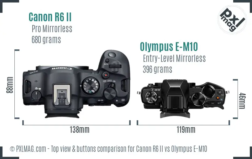 Canon R6 II vs Olympus E-M10 top view buttons comparison Canon R6 II vs Olympus E-M10 top view buttons comparison