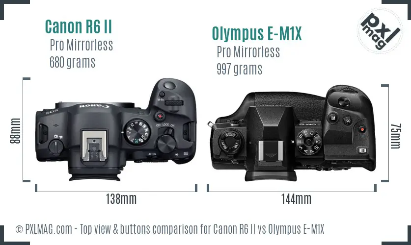 Canon R6 II vs Olympus E-M1X top view buttons comparison