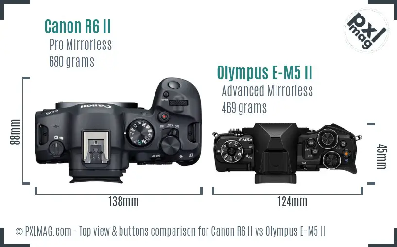 Canon R6 II vs Olympus E-M5 II top view buttons comparison