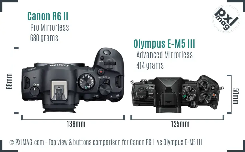 Canon R6 II vs Olympus E-M5 III top view buttons comparison