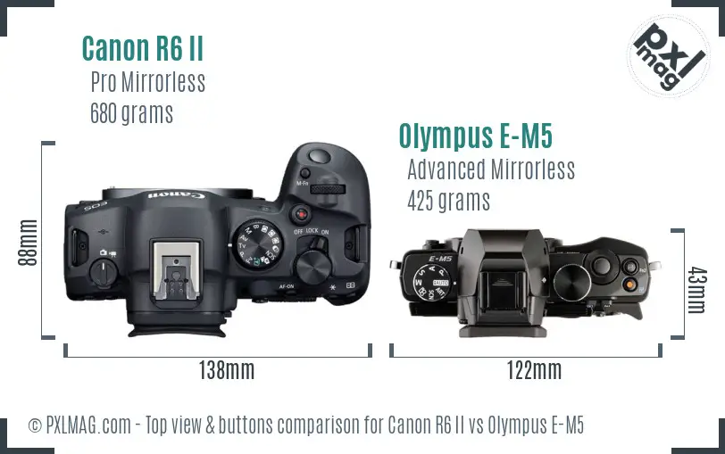 Canon R6 II vs Olympus E-M5 top view buttons comparison