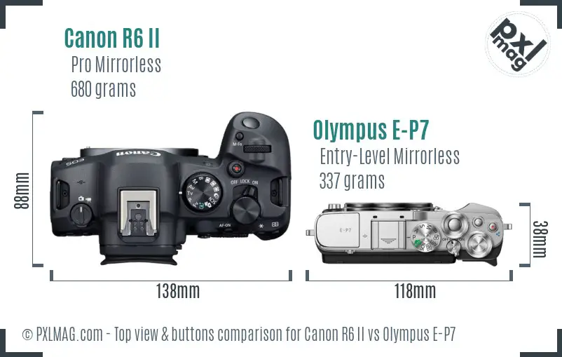 Canon R6 II vs Olympus E-P7 top view buttons comparison Canon R6 II vs Olympus E-P7 top view buttons comparison
