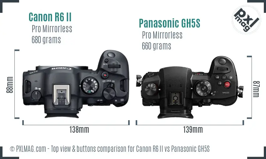 Canon R6 II vs Panasonic GH5S top view buttons comparison Canon R6 II vs Panasonic GH5S top view buttons comparison