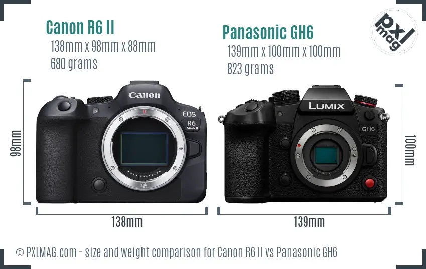 Canon R6 II vs Panasonic GH6 size comparison Canon R6 II vs Panasonic GH6 size comparison