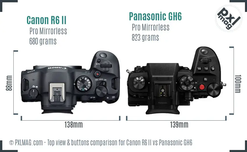 Canon R6 II vs Panasonic GH6 top view buttons comparison Canon R6 II vs Panasonic GH6 top view buttons comparison