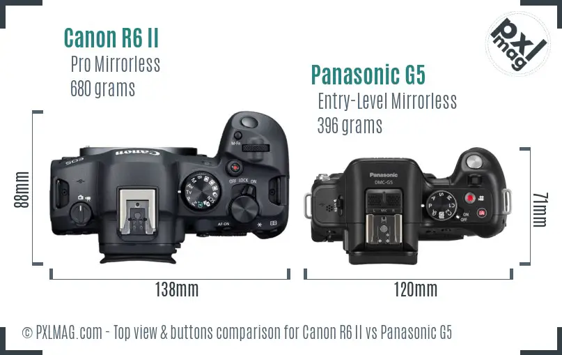 Canon R6 II vs Panasonic G5 top view buttons comparison