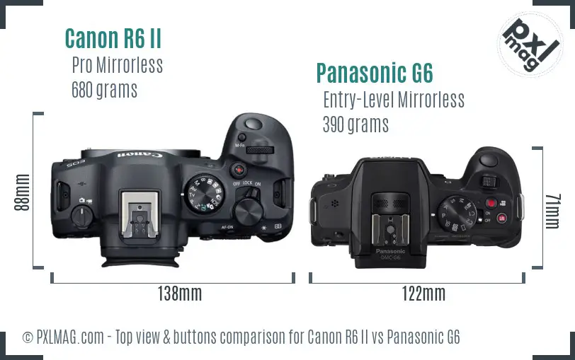 Canon R6 II vs Panasonic G6 top view buttons comparison Canon R6 II vs Panasonic G6 top view buttons comparison