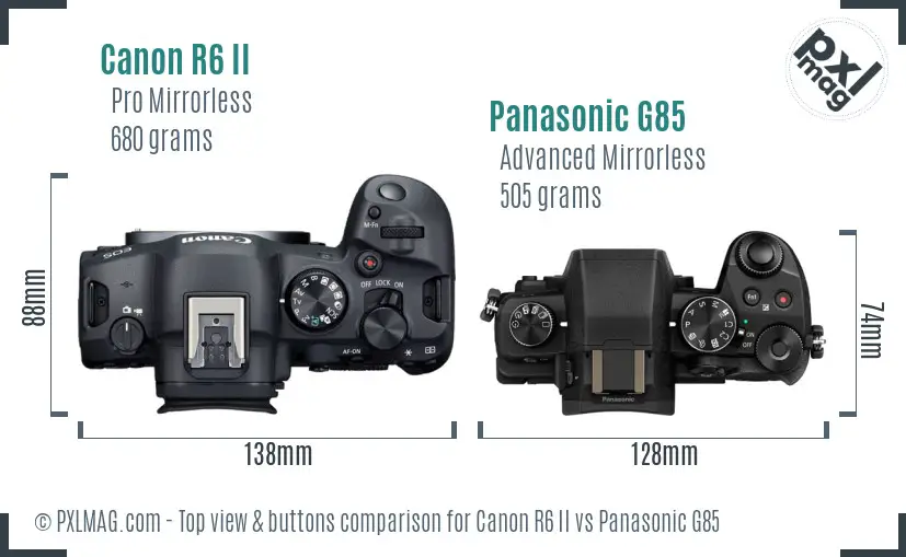 Canon R6 II vs Panasonic G85 top view buttons comparison