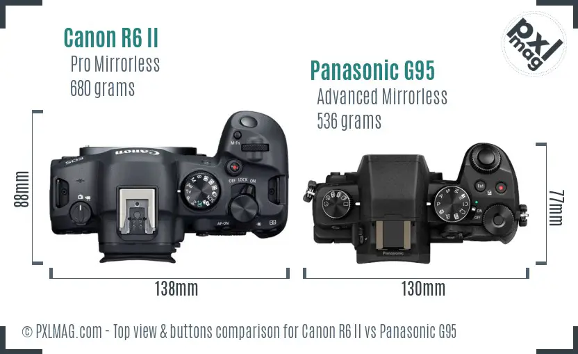 Canon R6 II vs Panasonic G95 top view buttons comparison Canon R6 II vs Panasonic G95 top view buttons comparison