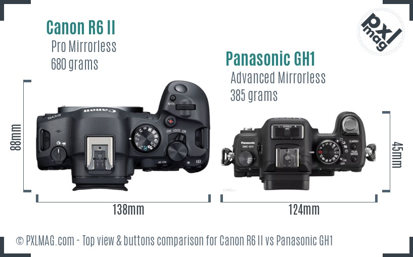 Canon R6 II vs Panasonic GH1 top view buttons comparison