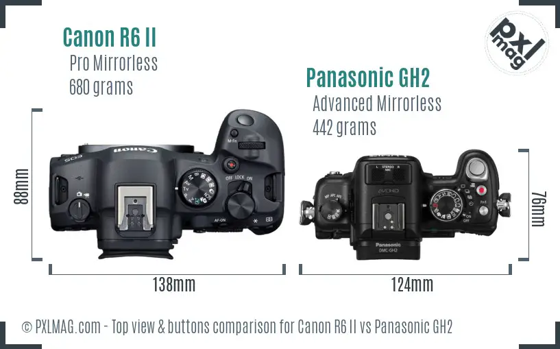 Canon R6 II vs Panasonic GH2 top view buttons comparison