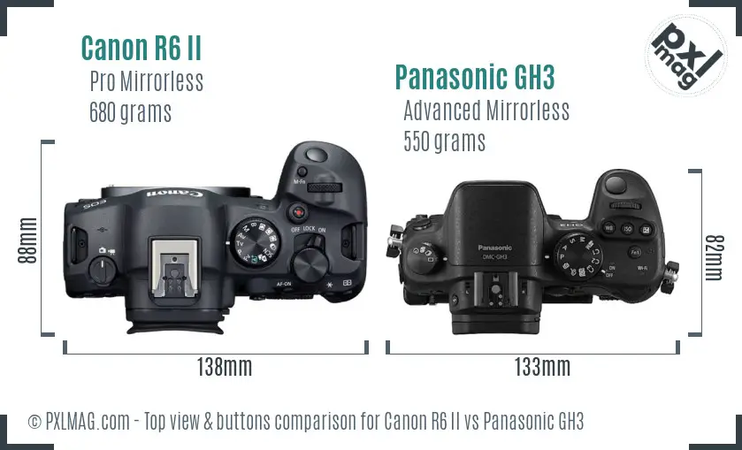 Canon R6 II vs Panasonic GH3 top view buttons comparison Canon R6 II vs Panasonic GH3 top view buttons comparison