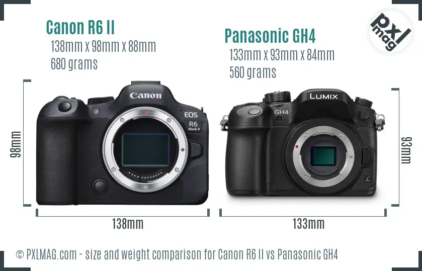 Canon R6 II vs Panasonic GH4 size comparison