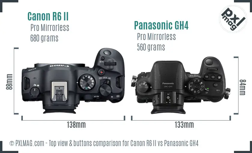Canon R6 II vs Panasonic GH4 top view buttons comparison