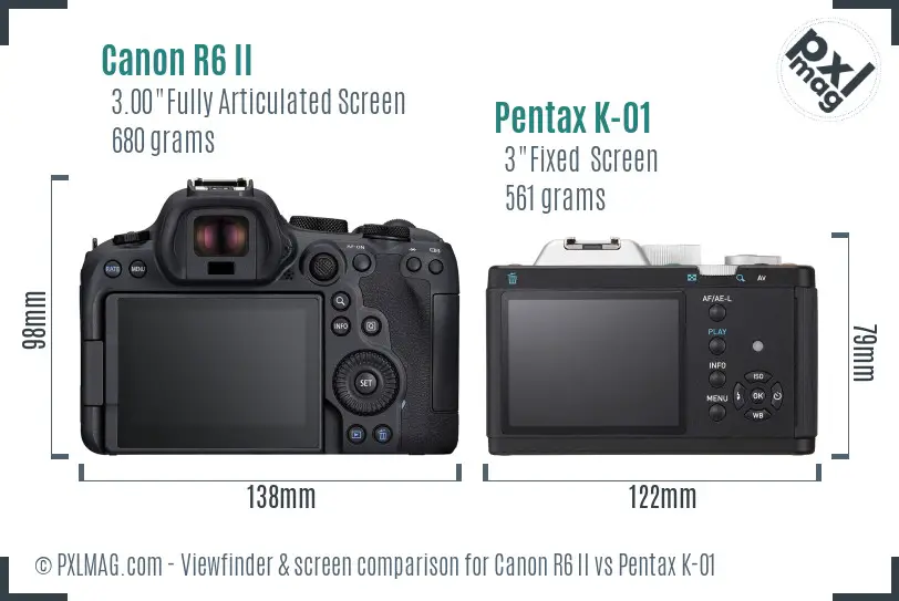 Canon R6 II vs Pentax K-01 Screen and Viewfinder comparison