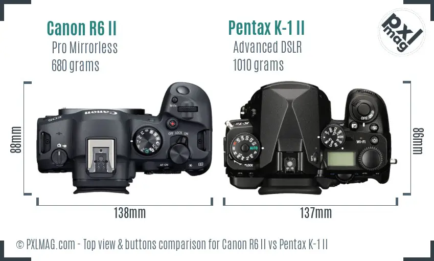 Canon R6 II vs Pentax K-1 II top view buttons comparison Canon R6 II vs Pentax K-1 II top view buttons comparison