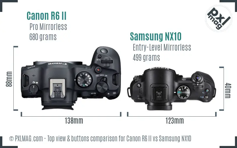 Canon R6 II vs Samsung NX10 top view buttons comparison