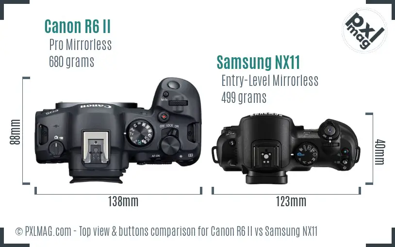 Canon R6 II vs Samsung NX11 top view buttons comparison