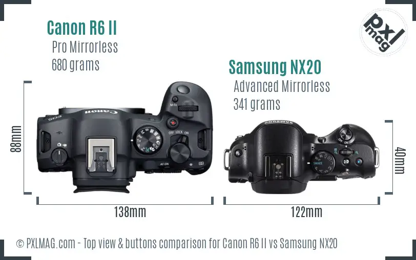 Canon R6 II vs Samsung NX20 top view buttons comparison