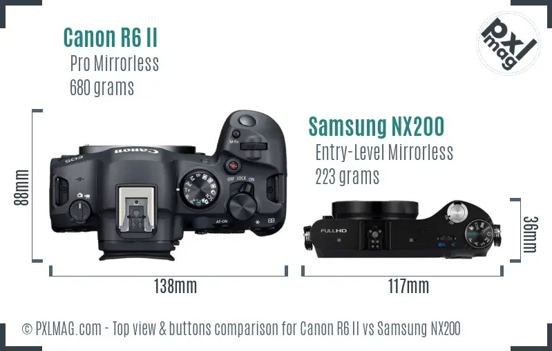 Canon R6 II vs Samsung NX200 top view buttons comparison Canon R6 II vs Samsung NX200 top view buttons comparison