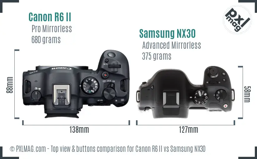 Canon R6 II vs Samsung NX30 top view buttons comparison