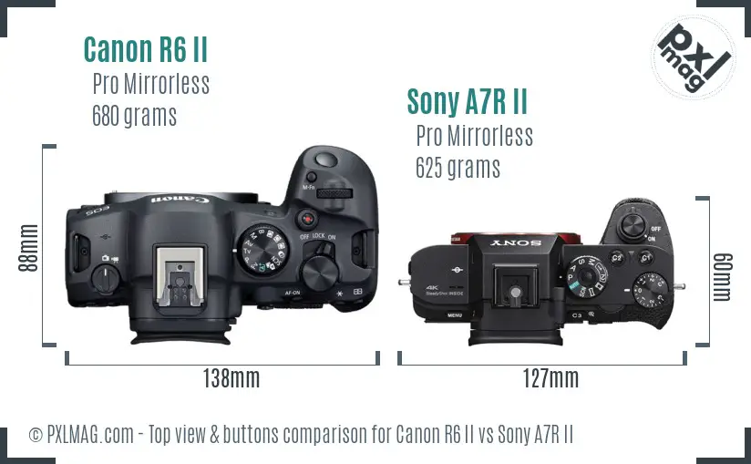 Canon R6 II vs Sony A7R II top view buttons comparison