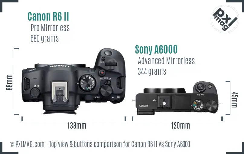 Canon R6 II vs Sony A6000 top view buttons comparison Canon R6 II vs Sony A6000 top view buttons comparison