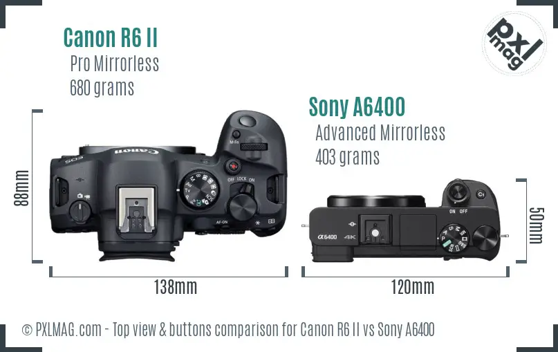 Canon R6 II vs Sony A6400 top view buttons comparison Canon R6 II vs Sony A6400 top view buttons comparison