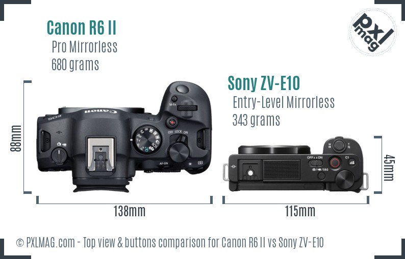 Canon R6 II vs Sony ZV-E10 top view buttons comparison