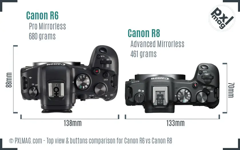 Canon R6 vs Canon R8 top view buttons comparison