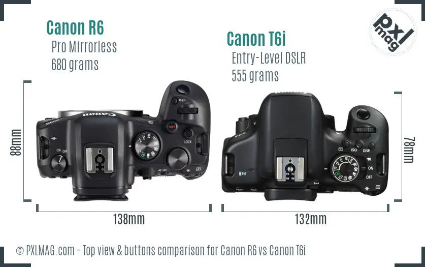 Canon R6 vs Canon T6i top view buttons comparison