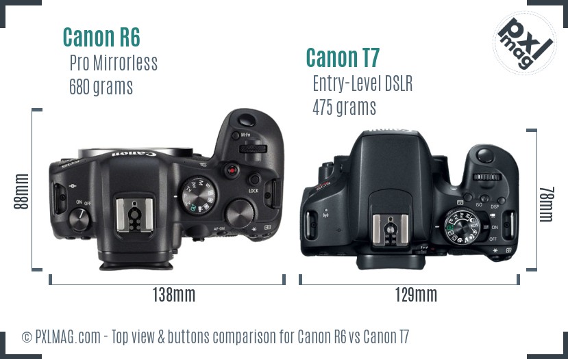Canon R6 vs Canon T7 top view buttons comparison