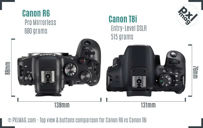 Canon R6 vs Canon T8i top view buttons comparison