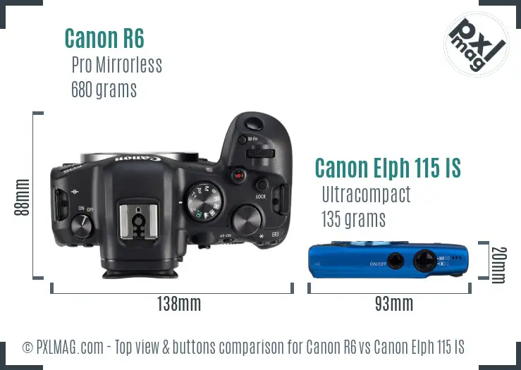 Canon R6 vs Canon Elph 115 IS top view buttons comparison