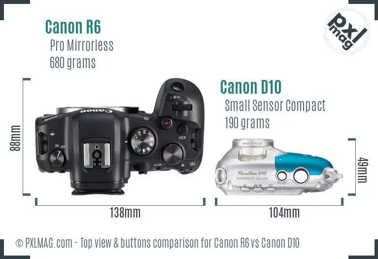 Canon R6 vs Canon D10 top view buttons comparison Canon R6 vs Canon D10 top view buttons comparison