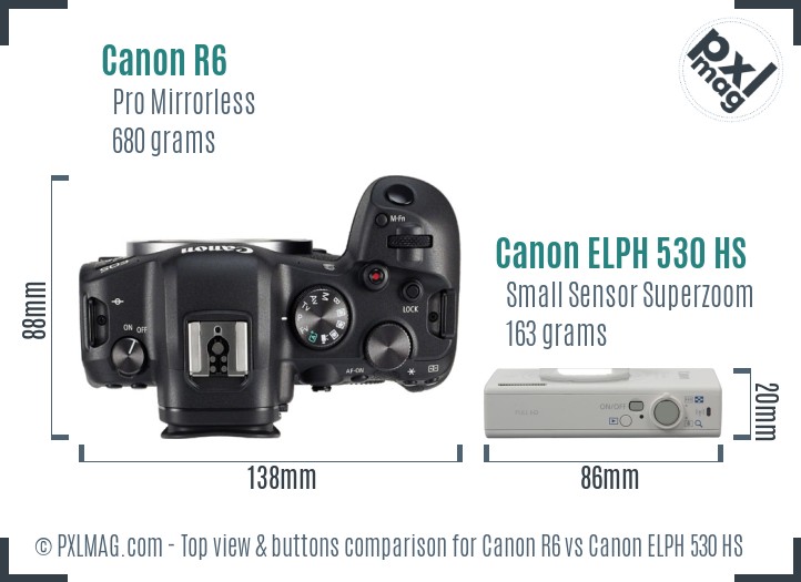 Canon R6 vs Canon ELPH 530 HS top view buttons comparison