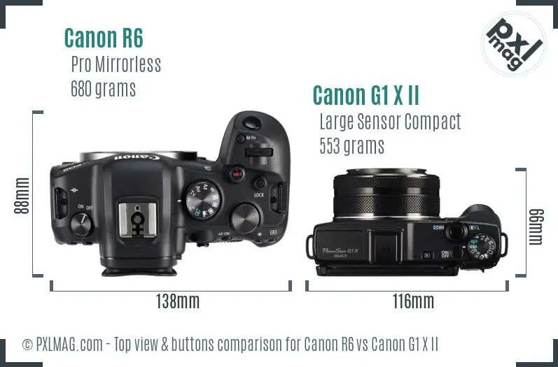 Canon R6 vs Canon G1 X II top view buttons comparison
