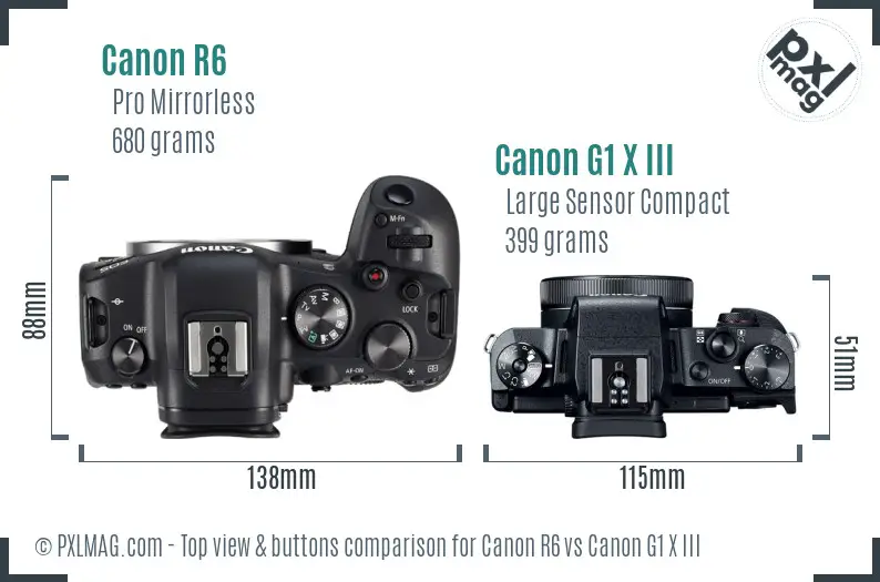 Canon R6 vs Canon G1 X III top view buttons comparison