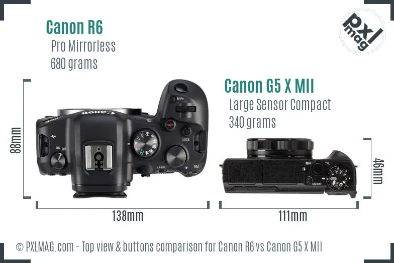 Canon R6 vs Canon G5 X MII top view buttons comparison
