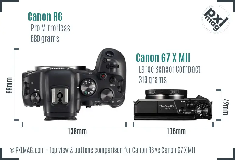 Canon R6 vs Canon G7 X MII top view buttons comparison Canon R6 vs Canon G7 X MII top view buttons comparison