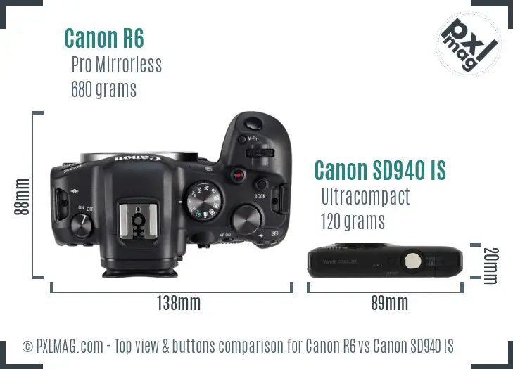 Canon R6 vs Canon SD940 IS top view buttons comparison
